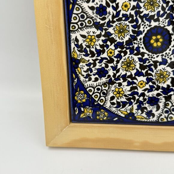 Barbour Ceramics Tile 8x8 square Stand Wood Cobalt Blue and White Yellow Flowers - Picture 13 of 16